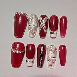 Custom Handmade Reusable Red And White Designer Press On Nails